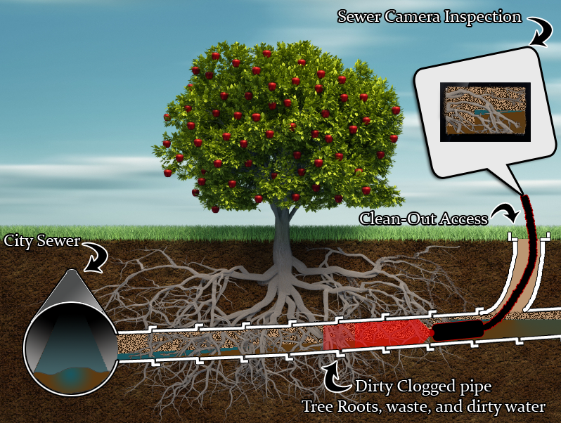 A graphic depicting the process of a sewer camera inspection.
