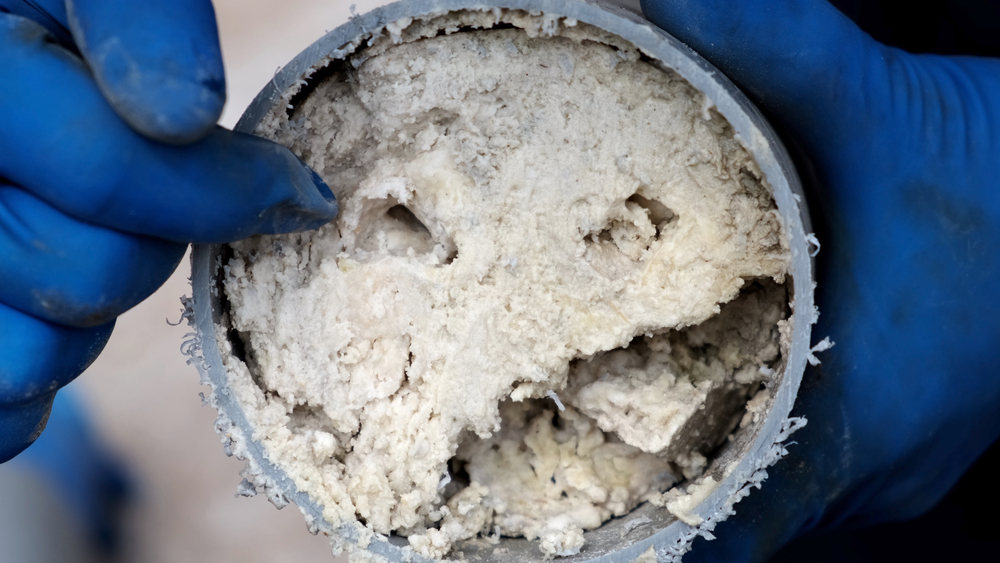 A close-up of a gloved hand pointing at a clogged pipe.