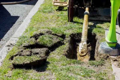 Plumbers digging a small hole in the grass to perform trenchless sewer line repair services.